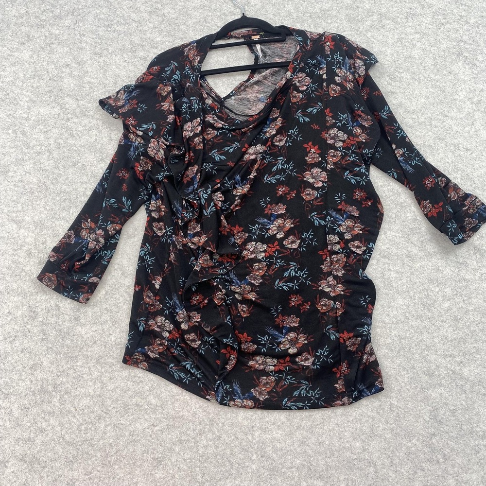Free People Top Womens L Black Floral Ruffle Tunic 3/4 Sleeve Blouse Keyhole